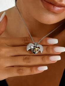 Customized Photo Heart Wing Stainless Steel Necklace, Personalized Photo Jewelry With Wings, Custom Pet Or Portrait Necklace - Multicolor - View 2