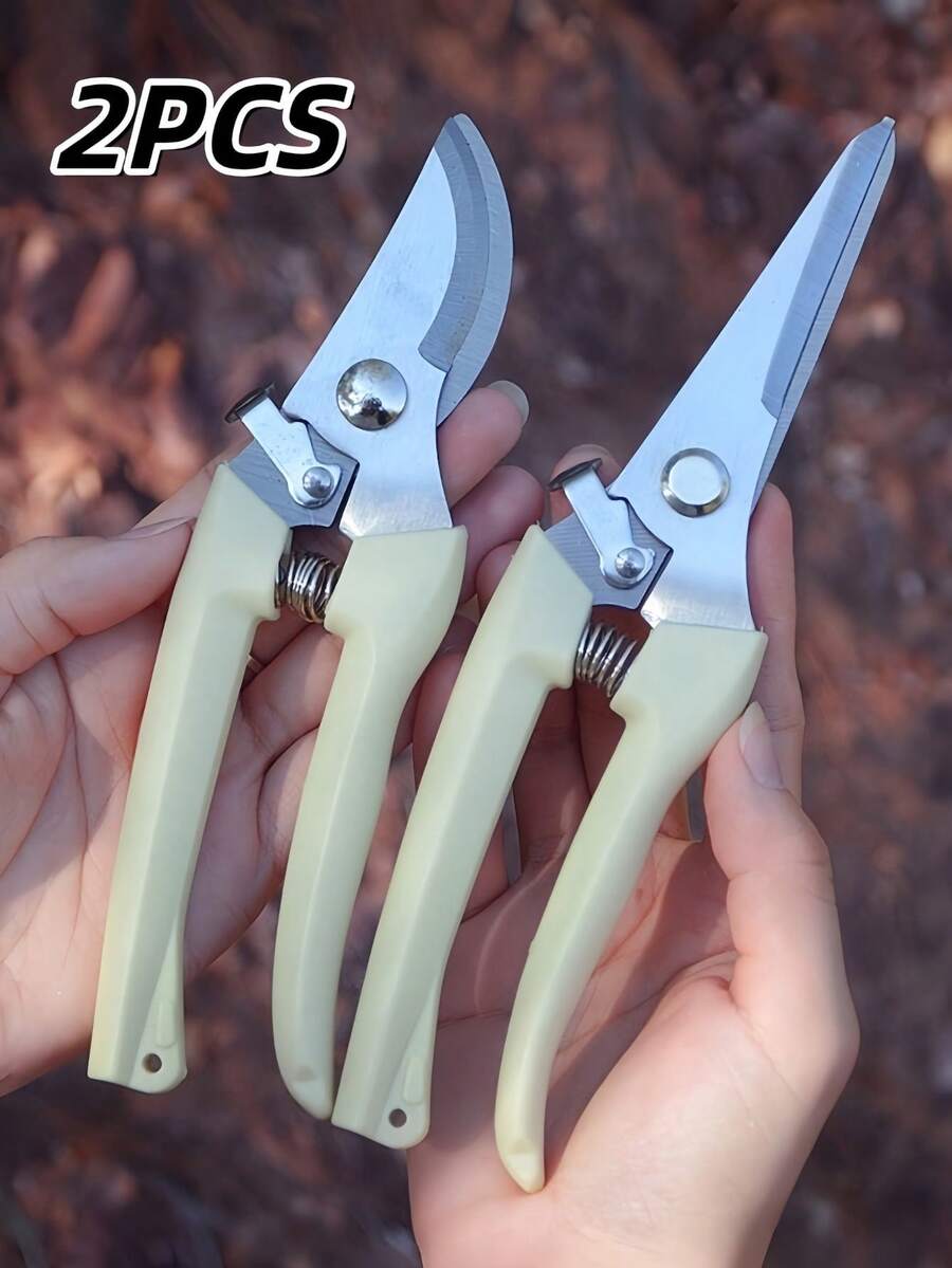 2Pcs Garden Scissors With Sharp White Steel Blades & Ergonomic Handles - Right-Handed Pruning Shears For Flowers, Shrubs, Roses, Fruits - Durable Metal Construction For Garden, Orchard, Flower Shop Use, Garden Pruning Shears, Orchard Maintenance, Classic Design, Rustresistant Material, Home Gardeners - 米色 - 查看 1