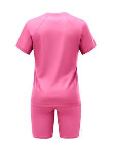 2pcs Sports & Casual Striped Short Sleeve Top And Shorts Set Summer Elegant - Hot Pink - View 5