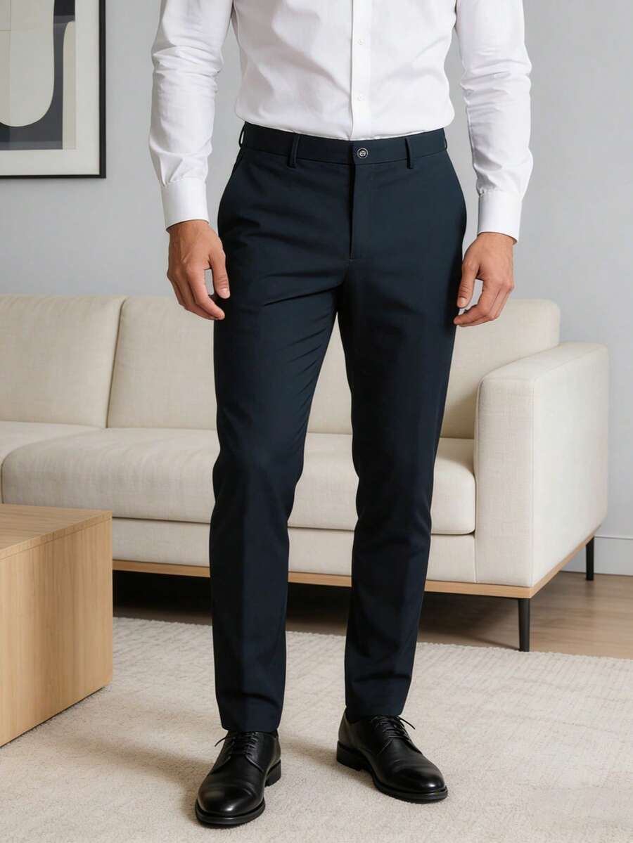 男士直筒长裤，柔软舒适，正装裤，商务休闲裤，纯色长裤，适合外出和重要场合。 - 藏蓝色 - 查看 1