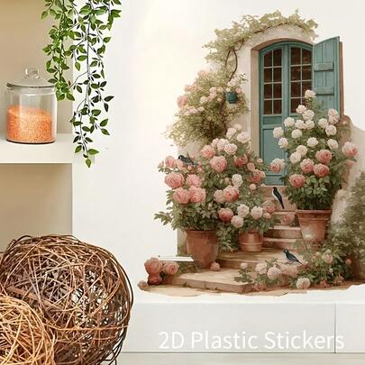 1件彩色浪漫玫瑰盆栽墙贴，适用于客厅、餐厅装饰