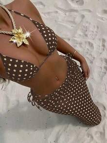 Bộ bikini 3 món màu đen in chấm bi dễ thương, kiểu cổ yếm, dành cho nữ, thích hợp cho kỳ nghỉ xuân/hè ở bãi biển. - Nhiều màu - Xem 13