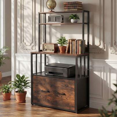 Aktenschrank mit Schublade, Aktenschrank mit Bücherregal für A4, Briefe, Rechtsakten, Metall-Aufbewahrungsschrank, Druckerständer für Büro, Schule, Zuhause, Organisation, rustikales Braun