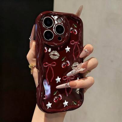 Ốp lưng điện thoại dày dặn, tối giản, chống sốc, họa tiết nơ bướm màu kem, viền sóng, màu đỏ tía, in hình, tương thích với iPhone 17/17 Pro/17 Pro Max, 16 XR/7/8, 15 Pro Max, 12 Pro Max, 13 Pro Max, 14 Pro Max, 13, 14, 11, 12P, 14P, 11P, 12P, XS, XR, 7/8P, 7/8 GES2.