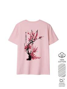 Camiseta holgada de mujer con estampado de flores de cerezo al estilo japonés, 100% algodón transpirable de cuello redondo y manga corta, ropa de calle Y2K, adecuada para salidas de primavera, paseos por la ciudad y uso diario casual en verano color rosa - Rosa - Ver 3