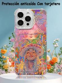 1PC Diseño artístico y onírico con chica de setas, sol y mariposas en estilo bohemio psicodélico: Funda transparente tipo billetera, protección completa para la cámara, compatible con iPhone 17/16/15/14/13/12/11/Pro/ProMax, compatible con Galaxy A54/S24 Ultra/Plus, compatible con Moto/Galaxy/Redmi/Honor/OPPO, a prueba de golpes y almacenamiento, diseño minimalista - transparente - Ver 3