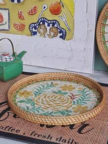 1 Stück Rattan Aufbewahrungskorb mit Perlmutt-Einlegearbeit in Holzbasis, Dekorativer Servierteller, nicht für Lebensmittelkontakt geeignet - Gelb - Übersicht 5