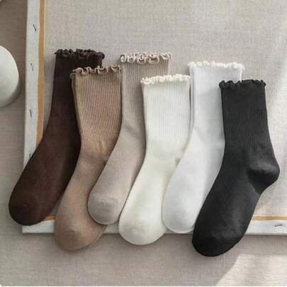 6 Pairs Women's Solid Color Mid-Calf Socks With Ruffle Trim - Soft Stacked Stripe Texture, 6 Neutral Shades Suitable For Casual And Formal Outfits, Comfortable Daily Wear, Cute Design, Elegant Socks