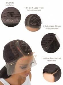 Short 14 Inch Dark Brown Kinky Yaki Straight Lace Front Wig, Afro Texture Synthetic Hair, 5" Deep Side Part, Pre-Plucked Natural Hairline Daily Wear - 黑色 - 查看 8