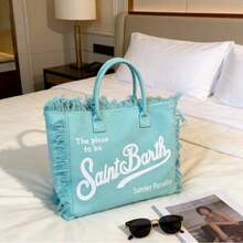 New Spacious Shoulder Bag, Handcrafted With Fringe And Denim Print, Ideal For Beach Trips, Commuting To Work And Everyday Use. - Mint Green - View 7