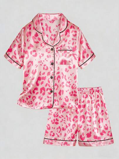 2pcs Tween Girl Leopard Print Pink Short Sleeve Shorts Pajama Set