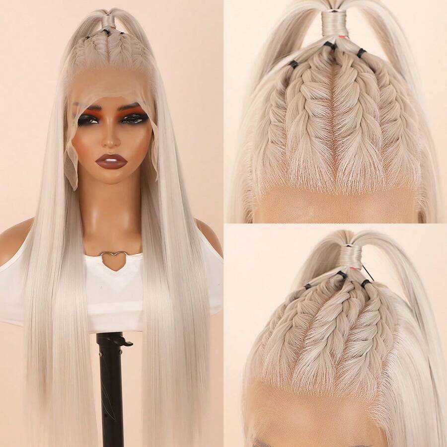 Platinum White Color 13x6 Synthetic Lace Front Wigs Glueless Natural Hair Line HD Transparent Long Silky Straight Hair Halloween Red Wigs 26 Inches Heat Resistant Fiber Hair Wigs For Fashion WomenBaby Hair Daily Use Party Weddings Cosplay - Platinum - 查看 1