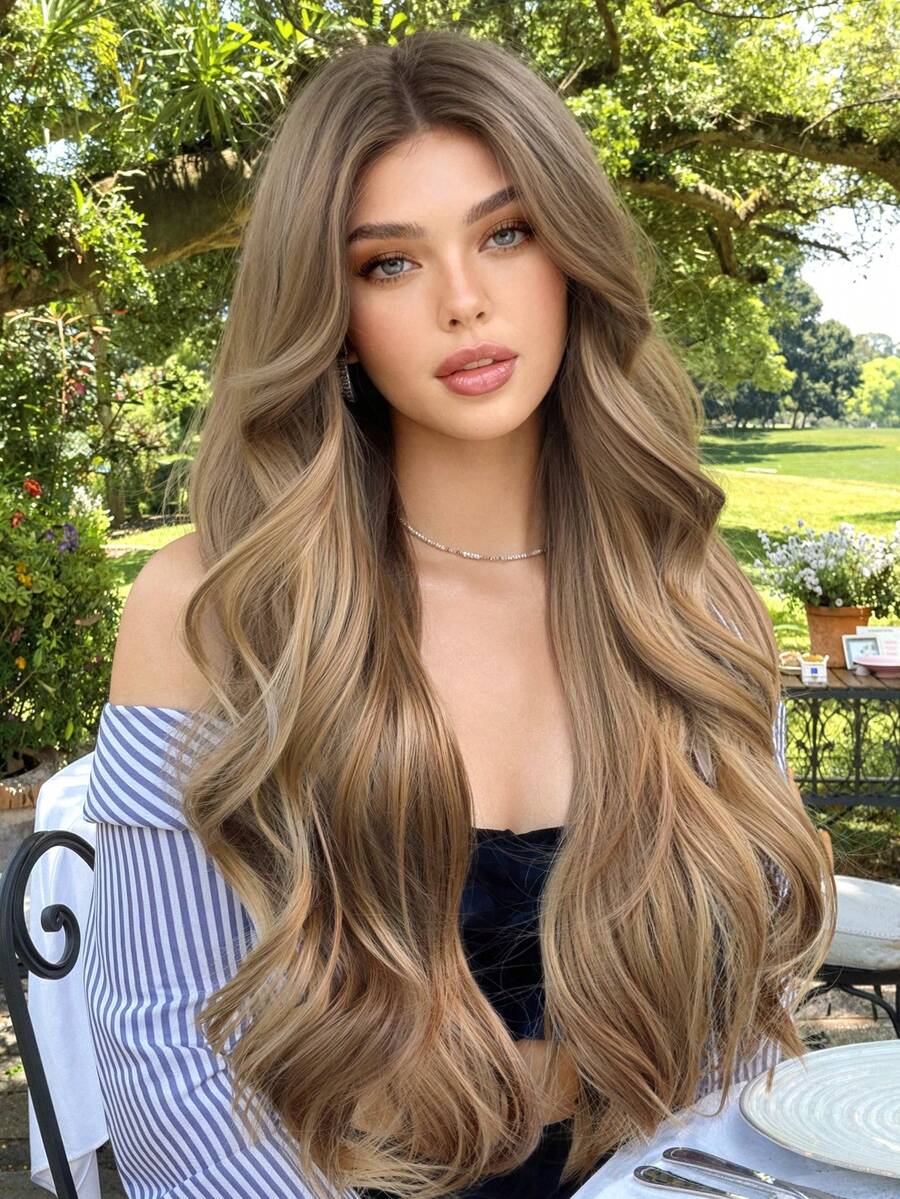 28英寸摩卡棕色卷发合成假发，带刘海，耐热，自然中分，适合角色扮演、派对、洛丽塔、婚礼、万圣节等场合。 - 摩卡棕 - 查看 1