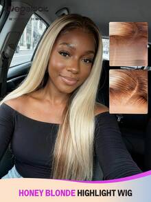 MEGALOOK 蜜金色挑染真人发假发 13x4 透明蕾丝前假发 女士直发渐变金色真人发假发 预先拔毛 可调节假发帽 自然发际线 直发波浪真人发假发 - 彩色 - 查看 2