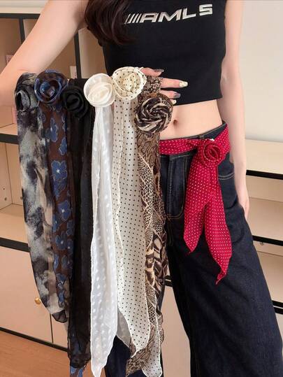 Y2K豹纹波点玫瑰花真丝围巾，窄款长腰带/链条，颈巾，丝带配饰