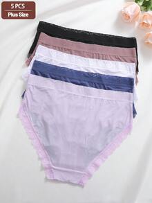 Set de 5 bragas de cintura alta de unicolor con parches de encaje para mujeres - Multicolor - Ver 3