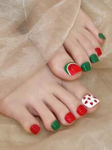 12片手工脚趾甲贴纸，适合派对和日常佩戴，白色背景上手绘水果图案，可爱简约纯色，易于粘贴。12片Y2K风格手工脚趾甲贴纸，适合女士节日、派对、音乐节、日常佩戴、情人节、母亲节礼物。按压式美甲贴纸。 - 綠色 - 查看 4