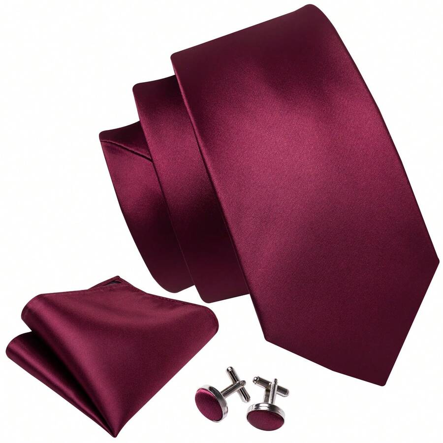Mens Tie Burgundy Red Solid Necktie With Handkerchief Cufflinks Set Wedding Formal Party - Burgundy - View 1
