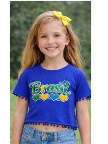 Cropped Oversized T-Shirt For Children 2 To 15 Years Old - BRAZIL / WORLD CUP! - Azul Brasil con corazones - Ver 2