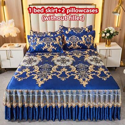 三件套透气印花床裙套装（1条床裙+2个枕套），吸湿排汗，抗皱，四季皆宜，适用于卧室和酒店，简约经济的床上用品。