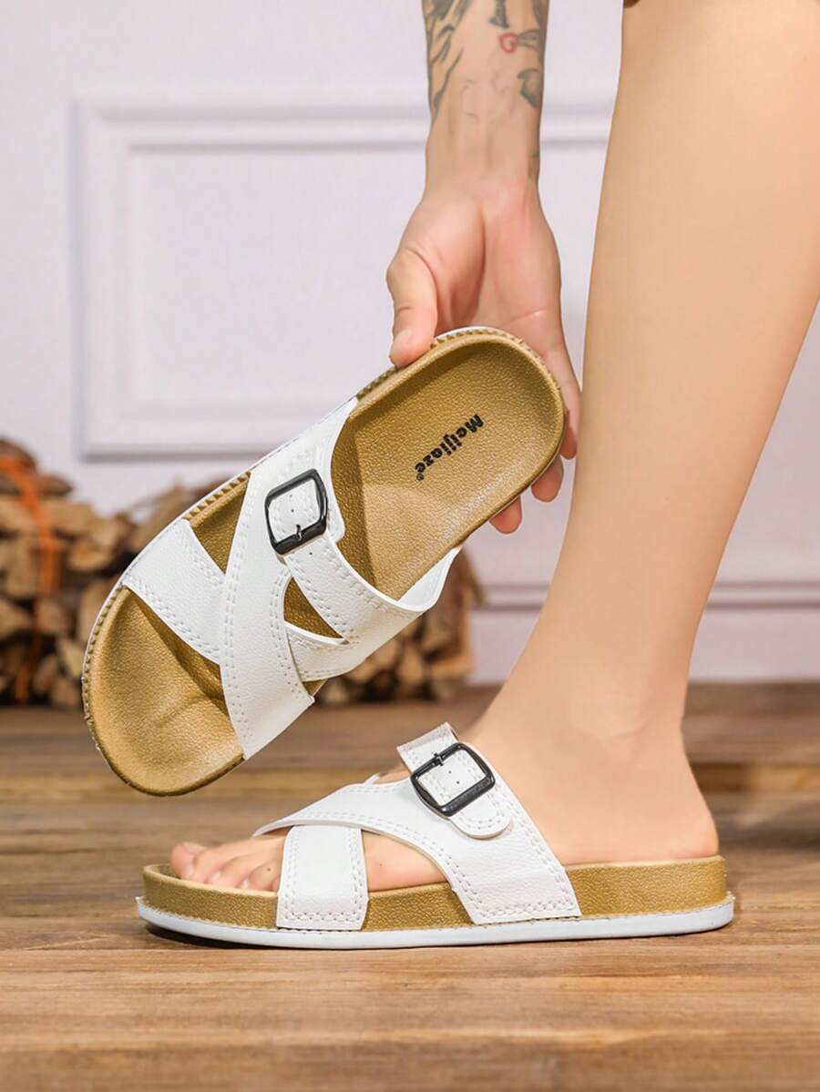 Sandalias ajustables con tiras cruzadas para hombres, artículo versátil para uso diario casual. Pantuflas esenciales para vacaciones en la playa, parte superior suave y transpirable, que crean una atmósfera relajada de verano. Esencial de verano de moda y asequible. - Blanco - Ver 1