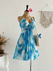 Temptaria Đầm hở lưng, trễ vai, kiểu cổ yếm dành cho nữ cỡ lớn, phong cách Bohemian, thích hợp cho các lễ hội âm nhạc, kỳ nghỉ nhiệt đới, tiệc tùng và các dịp khác trong mùa hè thanh lịch. - Màu xanh lam - Xem 2