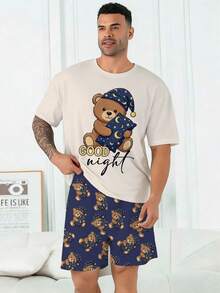 Plus Size Men's Pajama Set | Round Neck Short Sleeve Top And Elastic Waist Casual Shorts, 2 Piece Set | Polyester Knit Fabric, Skin-Friendly Breathable Loose Fit And Comfortable | Sleep Cap, Casual Design With Sleepy Bear Print - Dusty Blue - View 7