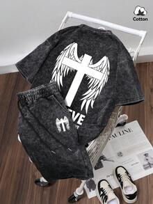 夏季男士街头风翅膀图案T恤短裤套装，弹力水洗黑色休闲日常两件套 - 黑色 - 查看 1