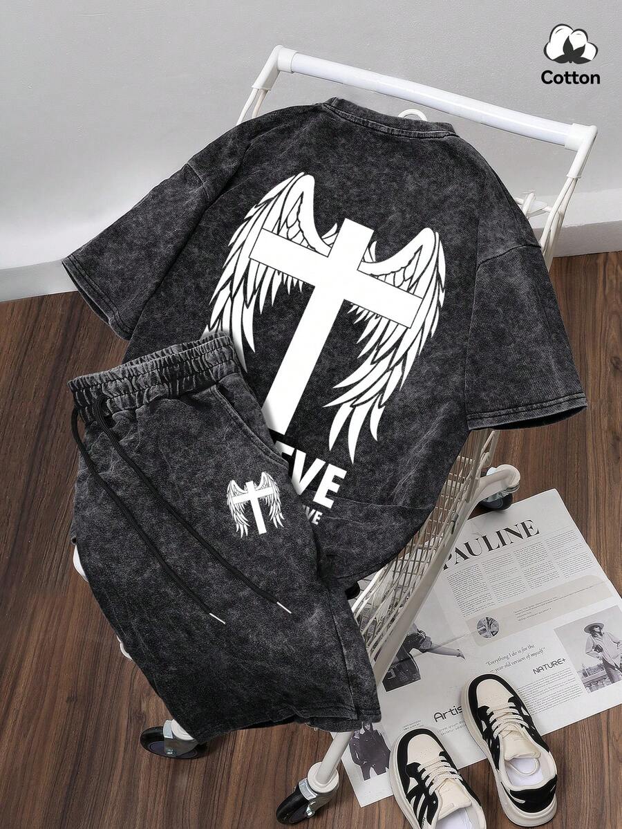 夏季男士街头风翅膀图案T恤短裤套装，弹力水洗黑色休闲日常两件套 - 黑色 - 查看 1