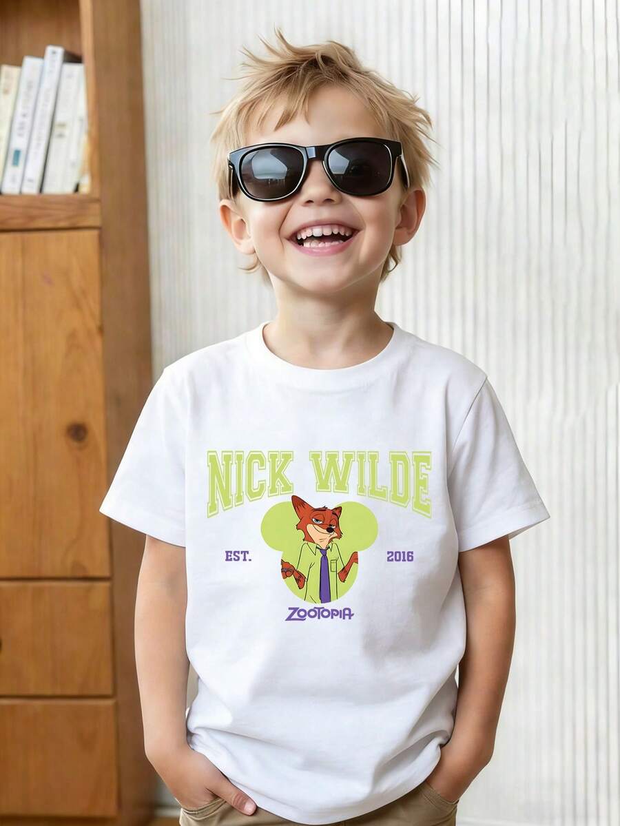 This Disney Zootopia Nick-Themed Summer T-Shirt Is Perfect For Boys And Girls To Wear To Holiday Parties, Family Gatherings, Outdoor Activities, Travel, And As A Gift For Children Visiting Disneyland. - White - View 1