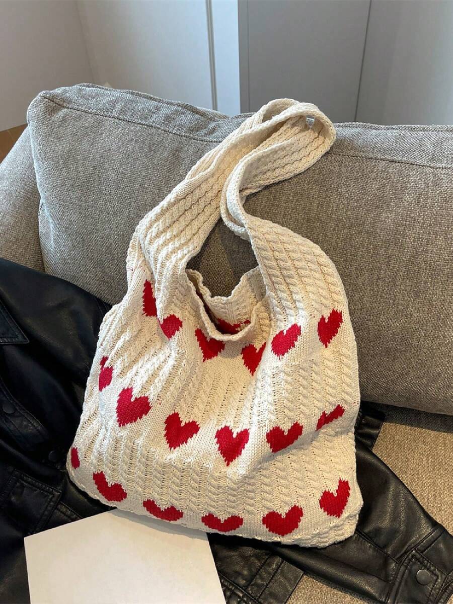Heart Pattern Knitted Casual Daily Shoulder Bag, Fashionable Matching Crossbody Bag For Women - Multicolor - View 1