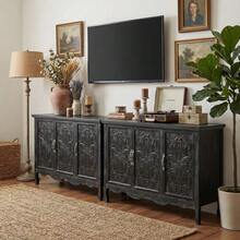 Vintage Storage Cabinet Credenza With 3 Carved Doors, Rustic Buffet Cabinet With Shelves, Accent Sideboard Wood Entryway Cabinet For Kitchen, Dining Room, Living Room, Bedroom - 黑色 - 查看 4
