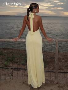 Women's Sexy & Elegant Light Yellow Spaghetti Strap Dress, Deep V-Neck Low Back Fitted Long Gown For Resort, Evening Party - Yellow - View 2