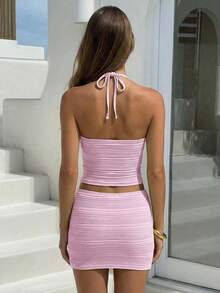 Spring/Summer Sexy 2 Pieces Set, Beaded Halter Backless Top And Bodycon Mini Skirt, Suitable For Vacation, Date, And Daily Wear Pink - Pink - View 5