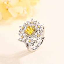 Nhẫn thời trang hình hoa rỗng bốn chấu vuông màu vàng đính đá Cubic Zirconia tổng hợp, thiết kế mở có thể điều chỉnh, quà tặng đính hôn cho nữ. - trắng - Xem 6