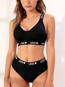 Lilivine 休闲简约字母徽标舒适胸罩和内裤套装 - 黑色 - 查看 3