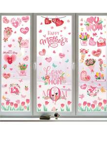 9pcs/Set Pink Mother's Day Window Stickers, Patterns Include Tulips, Butterflies And Hearts, Removable Static Cling Window Decals, Suitable For Bedroom, Living Room, Balcony And Shop Windows - Multicolor - View 2