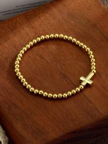 3pcs 14K Gold-Plated Bead Faux Pearl Cross Bracelet Set For Women Stylish, Delicate, Casual Adjustable Stretch Bracelet Set With Asymmetrical Pearl Cross Birthday Gift, Christian Jewelry Gift, Faith Jewelry Gift - Gold - View 7