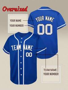 Customizable Men's Blue Baseball Sport Plus Size Shirt, Personalized Name Number, Personalized Team Name, Free Design, Quick Delivery, Suitable For Outdoor Sports, Casual Wear, Parties - Blue - View 2