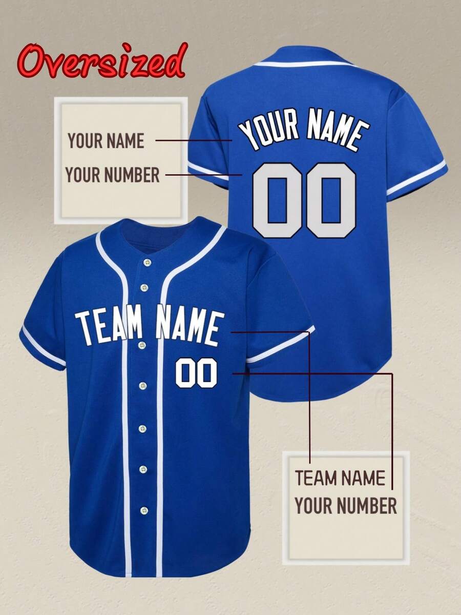 Customizable Men's Blue Baseball Sport Plus Size Shirt, Personalized Name Number, Personalized Team Name, Free Design, Quick Delivery, Suitable For Outdoor Sports, Casual Wear, Parties