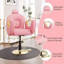 Silla profesional para salón hidráulica reclinable rosa 360° giratoria con altura regulable ideal peluquería spa belleza tatuajes estructura de hierro resistente - Rosa y oro - Ver 7
