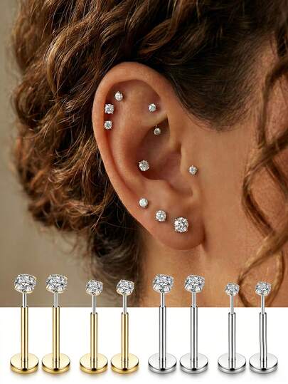 Bộ 4/7 khuyên mũi không ren bằng thép không gỉ dùng cho lỗ xỏ mũi, vành tai, xoắn tai và môi dưới, kèm theo dụng cụ hướng dẫn đeo.