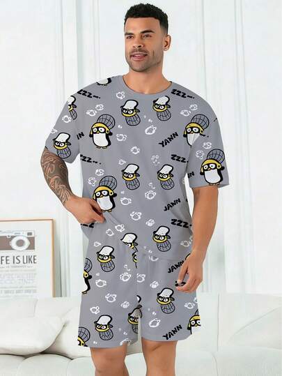 Plus Size Men's Pajama Set | Round Neck Short Sleeve Top And Elastic Waist Casual Shorts, 2 Piece Set | Polyester Knit Fabric, Skin-Friendly Breathable Loose Fit | Cartoon Skydiving Penguin Print Casual Design