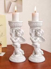 1/2pcs European Retro Angel Candle Holder, Romantic Resin Pillar Candle Stand For Candlelight Dinner, Valentine's Day Gift And Wedding Decor - Multicolor - View 5