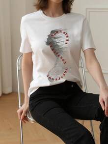 2026 Summer New Women's Round Neck Casual Loose Artistic Text Graphic Print T-Shirt, Street Fashion Versatile Student Short Sleeve Tee - White - View 4