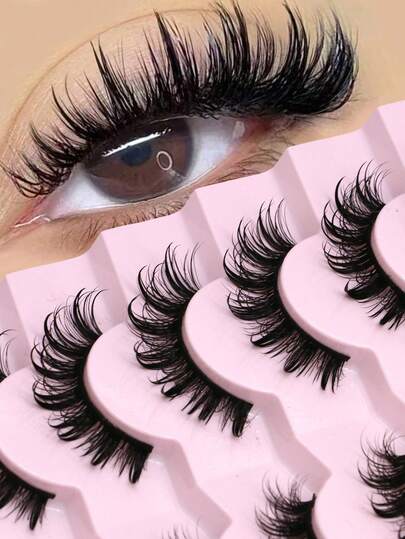 GROINNEYA 7对装湿式假睫毛，舒适猫眼款，蓬松轻盈仿貂毛假睫毛，15毫米长，自然纤长，整条式，浓密卷翘，可重复使用，适合大多数眼型，单身派对必备