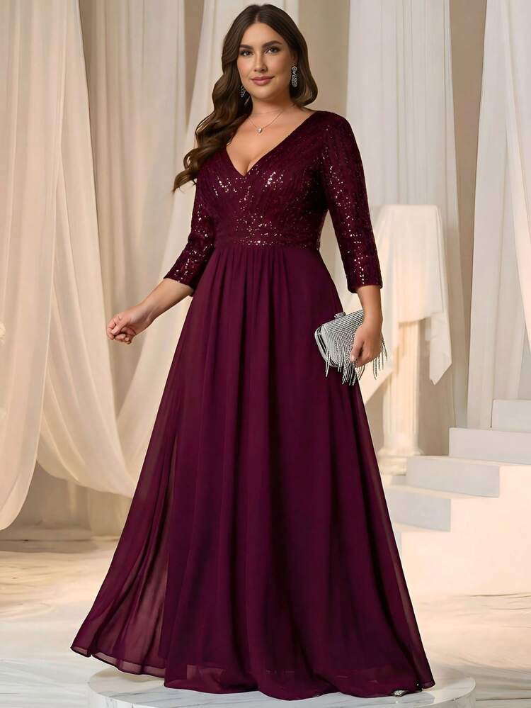 Vestido de fiesta con cuello en V con lentejuelas, cintura alta, contraste de color de gasa, vestido de fiesta, vestido de invitada de boda, vestido de gala, madre de la novia, vestidos glamorosos de San Valentín, primavera elegante - Granate - Añade 2
