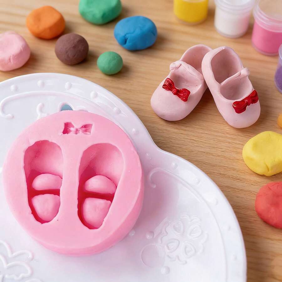 1pc Cartoon Princess Baby Shoe Silicone Mold, Handmade Artwork, Plaster Graffiti, Clay Shoes, Birthday Scene Candle Props, Simple Demolding, Reusable Silicone Mold. - Pink Shoes - View 1