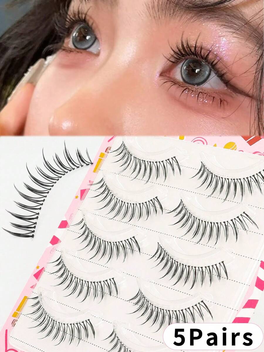 5 Pairs 5-12mm Cartoon Pointed Tail Style, Transparent Stem Fairy False Eyelashes, Handmade U-Shaped Soft Cartoon Eye Lash False Eyelashes - Black - View 1
