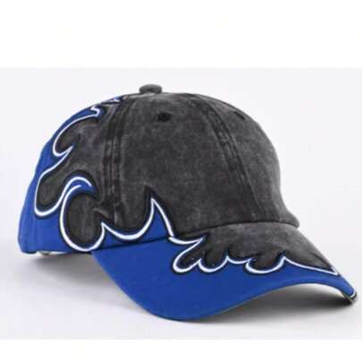 Distressed Denim Baseball Cap With Embroidered Flame Design, Unisex Oversized Wide Brim Snapback Hip Hop Hat